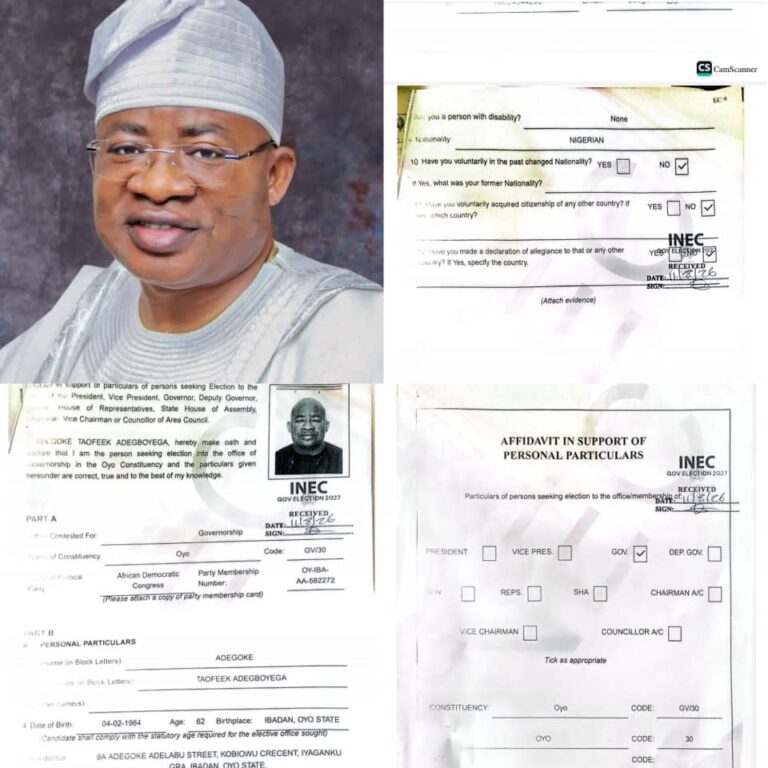 2027: INEC displays Adegoke’s EC9 Form, Name, as Oyo ADC Guber Candidate on portal