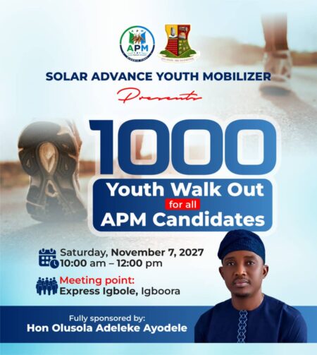 2027: Solar Unveils 1,000-Man Youth Walk for APM Candidates in Ibarapa Central Nov. 7